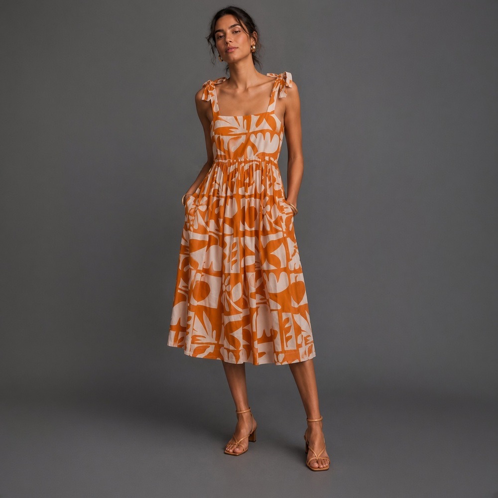 Oliphant Orange White Abstract Floral Cotton Midi Dress Tie Shoulder XS